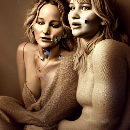 Image similar to beautiful serene intricate portrait of jennifer lawrence and jennifer lawrence, smiling softly, wearing casual clothes, relaxing on the couch, interior lighting, cozy living room interior, soft focus, 8 k, art by irakli nadar, hyperrealism, hyperdetailed, ultra realistic