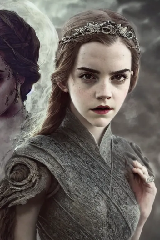 Prompt: a mix of of emma watson, anya taylor - joy and emma stone, evil sorceress witch, game of thrones scenes, hyperrealism, octane render, extremely detailed, intricate smoke magic, lace, style of mark ryden, earl nore, hyung tae, frank frazetta