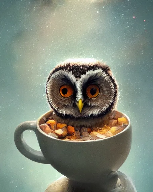 Image similar to long shot of a very cute owl chick nesting in a futuristic mug, esao andrews, humorous illustration, hyperrealistic, big depth of field, warm colors, whimsical cosmic night scenery, low light, 3 d octane render, 4 k, concept art, hyperdetailed, hyperrealistic, trending on artstation