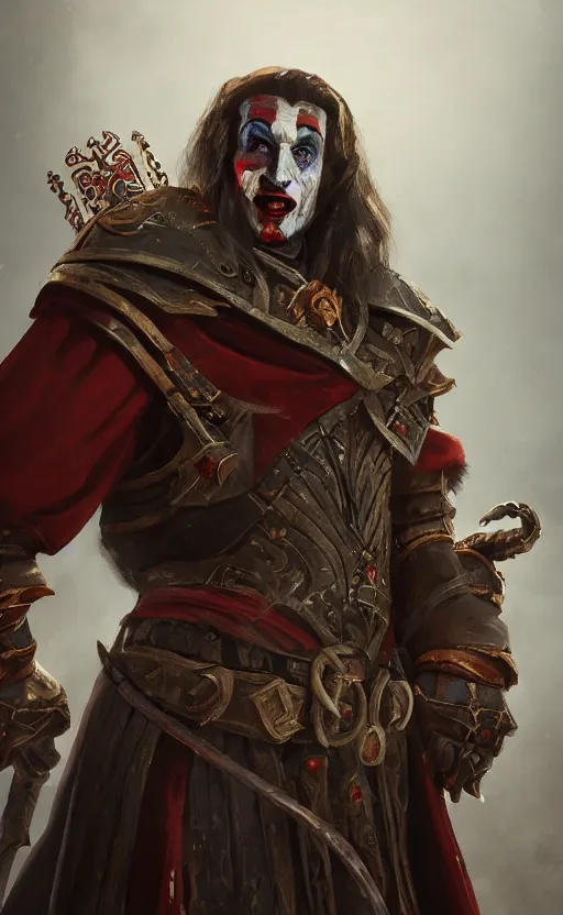 Image similar to an oil art portrait of young handsome pale roma, grim dark jester from gwent cards, gipsy blood mage with great sword character design from inquisition, 4 k, ultra detail, volumetric lighting, unreal engine, octane render