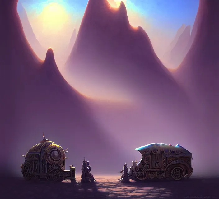 Image similar to subsurface scattering, a desert caravan rests at the blue oasis, the art of athas and dark sun, brom's dark sun art on a 7 0's style fantasy novel cover, digital painting by brom, amazingly detailed d & d art, concept art, intricate details, beautiful, volumetric lighting, ultrarealistic, cgsociety, square enix cinematic art