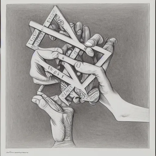Prompt: A human hand drawing by Escher and Bach
