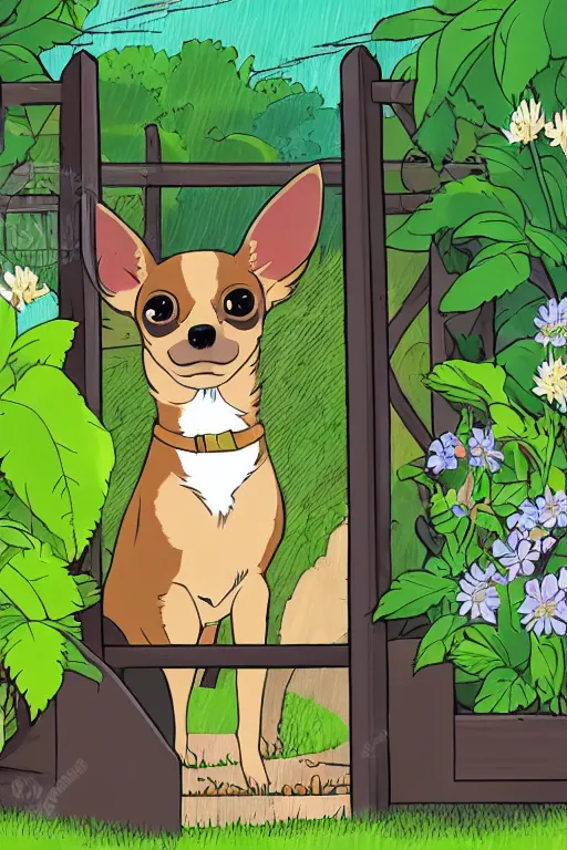 Image similar to A black and tan chihuahua looks through her garden gate, cel shaded cartoon in the style of studio Ghibli, stormy weather, raining, wet, morning, cinematic lighting