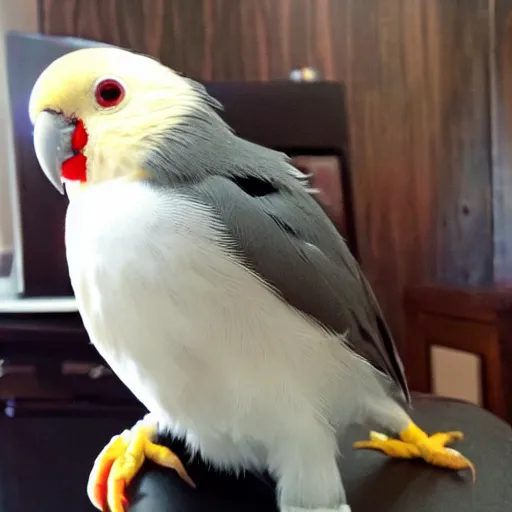 Prompt: a cockatiel with a tuxedo in san francisco