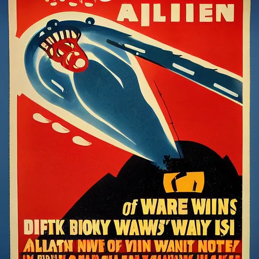 Prompt: 1930s propaganda poster of alien war