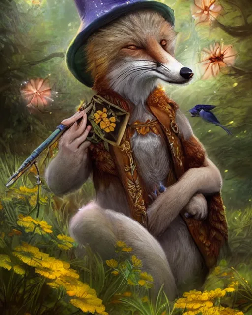 Image similar to Fox playing Flute in magical forest, portrait, wearing hat, magical notes, flowers, flower dress, birds, fairy atmosphere, magic the gathering artwork, D&D, fantasy, cinematic lighting, centered, symmetrical, highly detailed, digital painting, artstation, concept art, smooth, sharp focus, illustration, volumetric lighting, epic Composition, 8k, art by Akihiko Yoshida and Greg Rutkowski and Craig Mullins, oil painting, cgsociety