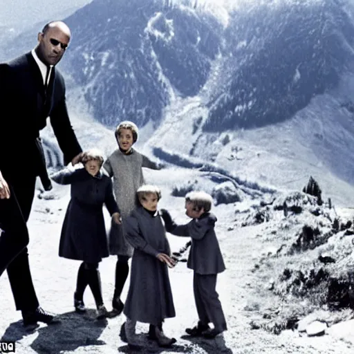 Image similar to jason statham walking on the mountainside with children in the sound of music 1 9 6 5