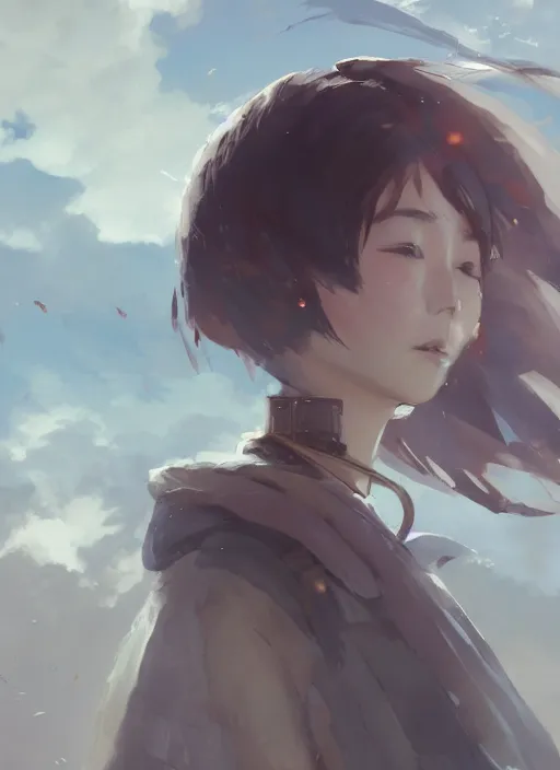 Image similar to a young japanese woman with very short hair looking to the skies, cinematic lighting, dramatic atmosphere, artwork by dustin nguyen, akihiko yoshida, greg tocchini, greg rutkowski, cliff chiang, 4 k resolution, trending on artstation,