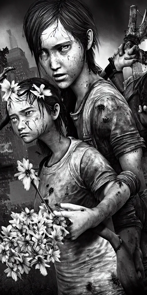 Image similar to the last of us zombie, hyperrealistic, flowers bursting, black and white, cordyceps, striking, hyperrealistic, highly detailed, soft focus, sharp, 8k,