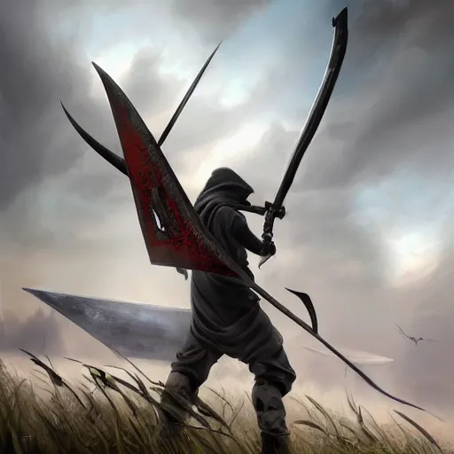 Prompt: concept art of scythe weapon, scythe design, fantasy scythe, weapons concept art, design, rpg, weapon, detailed, digital art, incredible, digital painting, no noise, global illumination, warm lighting, vivid, intricate details, ultra realistic, volumetric lighting, warm colors advance, cell shading, hyper realism, matte painting, highly detailed