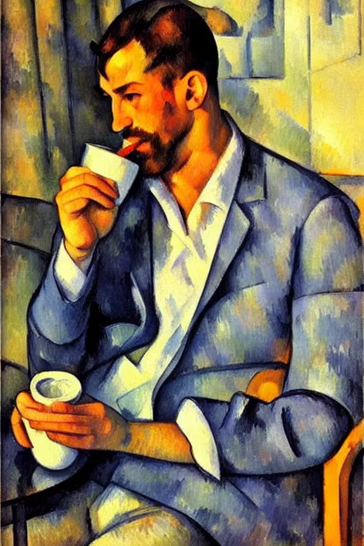 Image similar to attractive man drinking coffee, sunset, painting by paul cezanne, vladimir volegov, j. c. leyendecker, tom of finland, trending on artstation