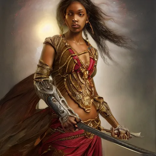 Prompt: artstation concept of a beautiful girl holding a sword in both hands, brown skin, symmetrical face, casual white garment, shiny colorful, hyperdetailed, artstation trending, world renowned artists, worth1000.com, historic artworks society, antique renewel, cgsociety, by greg rutkowski, by Gustave Dore, Deviantart