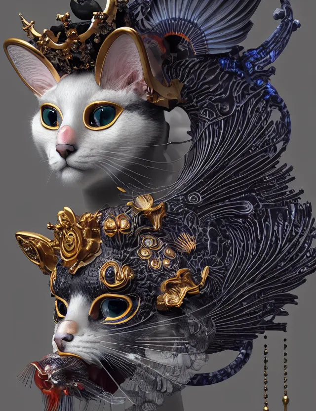Prompt: 3 d cat goddess close - up profile portrait with crown, ram skull. beautiful intricately detailed japanese crow kitsune mask and classical japanese kimono. betta fish, jellyfish, phoenix, bio luminescent, plasma, ice, water, wind, creature, artwork by tooth wu and wlop and beeple and greg rutkowski