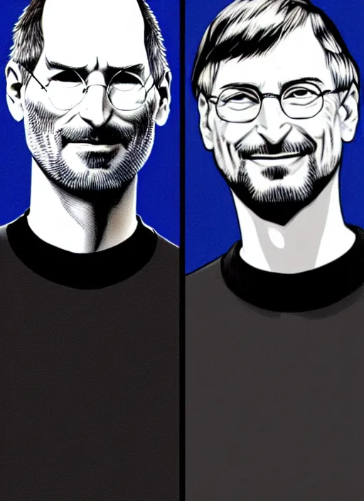 Image similar to steve jobs vs bill gates manga, extremely detailed colors, gorgeous shading, realistic drawing