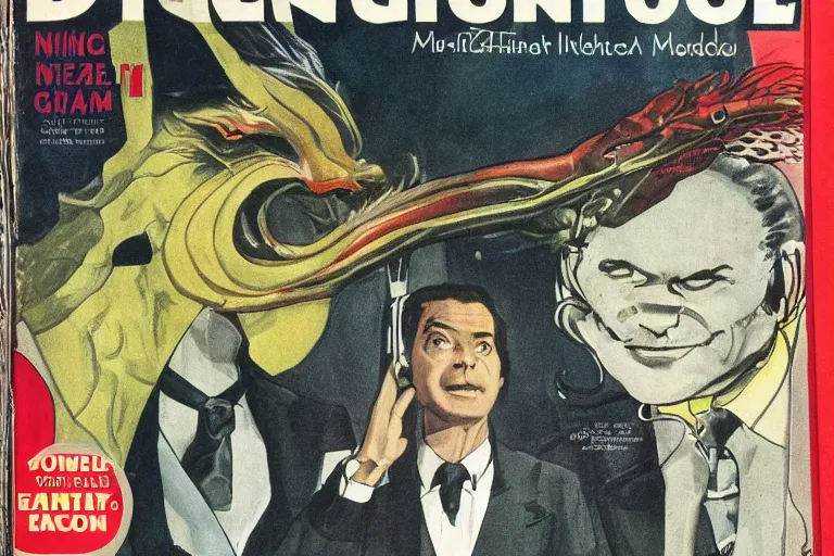 Image similar to 1 9 7 9 science fiction monthly cover depicting great dragon in a suit as a news anchor talking head. perfectly symmetrical face, highly detailed, masterpiece.