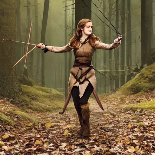 Prompt: emma watson as a wood elf, hunting with a bow