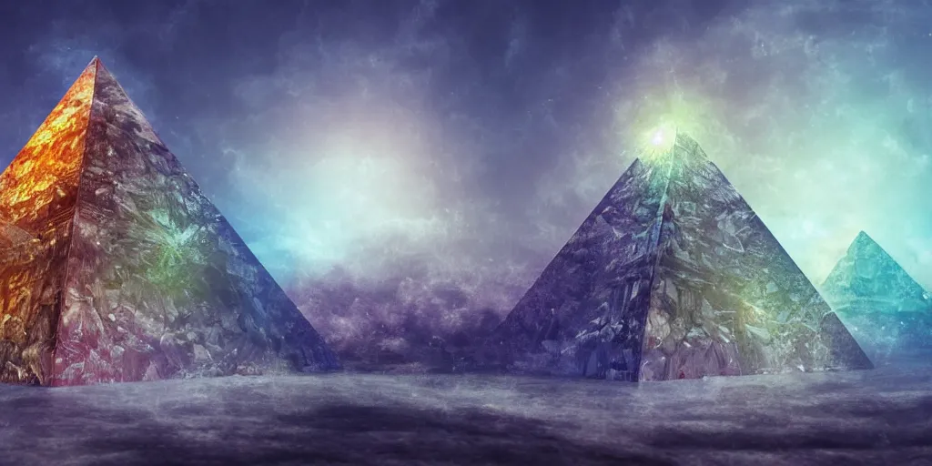 Prompt: Quartz crystal, bismuth fractal, translucent pyramid, refraction, fantasy landscape, detailed matte painting