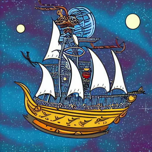 Prompt: pirate ship in space, style of hydro74, flat art, line, symmetric fractal
