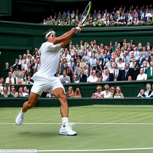 Image similar to award winning photograph on Rafael Nadal winning a point at wimbledon using a broom as a tennis racquet 35mm hdr