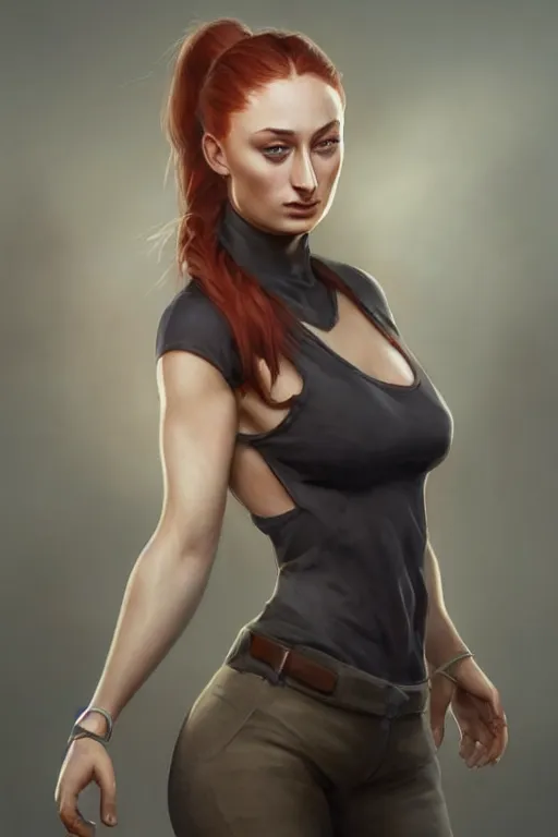 Prompt: Sophie Turner with a ponytail, anatomy, only two hands, highly detailed, digital painting, artstation, concept art, smooth, sharp focus, illustration, Unreal Engine 5, 8K, art by art by artgerm and greg rutkowski and edgar maxence