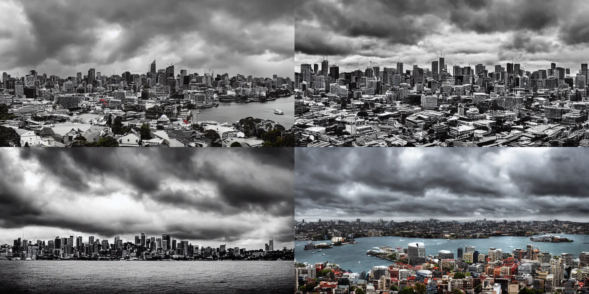 Prompt: landscape photo, stormy overcast rain, city skylines, Sydney