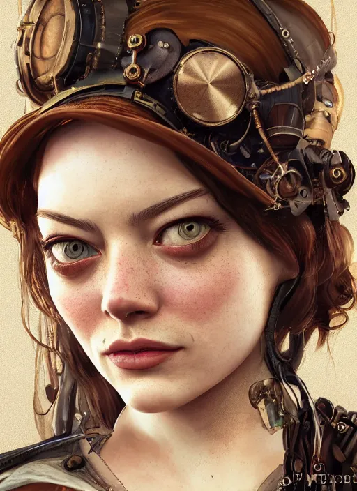 Image similar to steampunk portrait of Emma Stone, au naturel, hyper detailed, digital art, trending in artstation, cinematic lighting, studio quality, smooth render, unreal engine 5 rendered, octane rendered, art style by klimt and nixeu and ian sprigger and wlop and krenz cushart