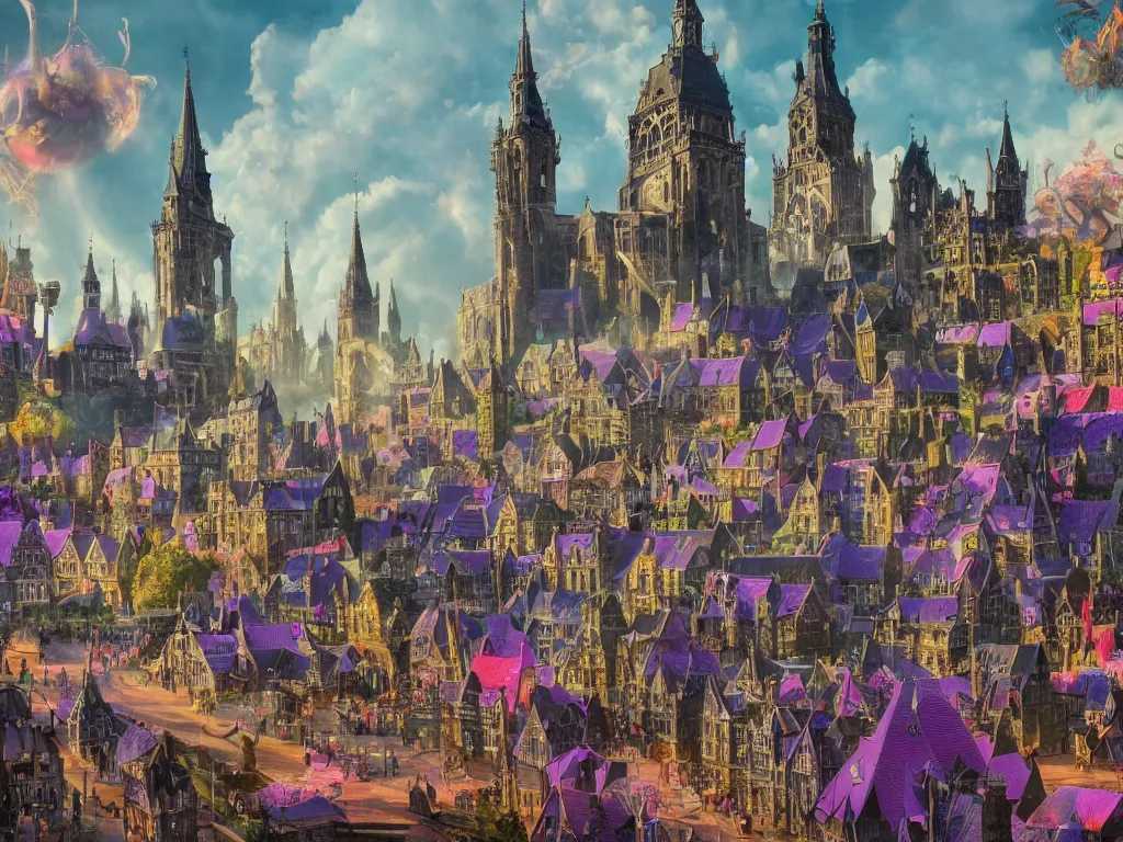 Image similar to A bustling magical town, witches and black cats are dancing around a colorful music festival, the large academy of magic and science can be seen towering in the distance, inspired by Victorian England and Amsterdam, highly detailed, digital painting, trending on artstation, matte painting, octane render, 8k, unreal engine