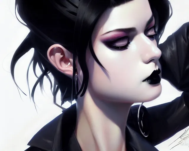 Image similar to a ultradetailed beautiful portrait panting of a stylish goth woman, wearing a shirt with a tie, dramatic, she has black hair, fashion, by hajime sorayama, makoto shinkai, greg rutkowski and conrad roset, trending on artstation