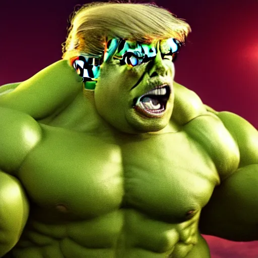 Image similar to Trump as Hulk, cinematic, 8k hd, high quality, sharp focus