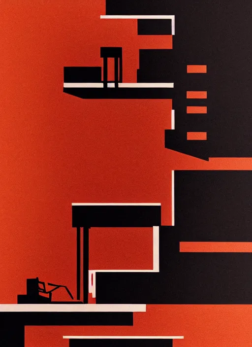 Image similar to (((habitat 67 city on fire lone man in chair))), Mads Berg, Karolis Strautniekas, James Yang, Brutalism, Constructivist, film noir, stippled light, dramatic lighting,editorial illustration, detailed, matte print, dark orange black white red