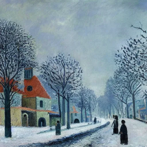 Image similar to A painting of a village during a snow storm, streets, (pedestrians), trees, Camille Pissarro, ((unreal engine)), Christmas tree