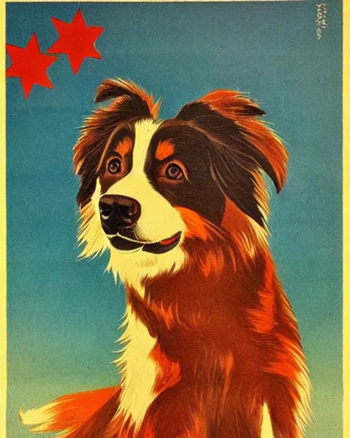 Image similar to soviet propaganda poster of an australian shepherd, soviet art