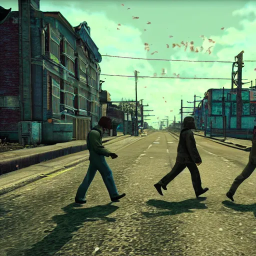 Image similar to Abbey Road post-nuclear war in Fallout 4, in game screenshot