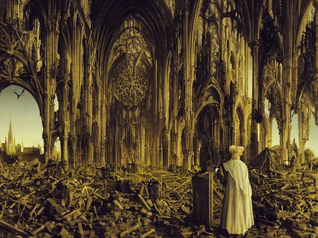 Image similar to albino mystic, with his back turned, looking in the distance at gothic cathedral in ruins, in the desert. Fireflies. Painting by Jan van Eyck, Audubon, Rene Magritte, Agnes Pelton, Max Ernst, Walton Ford