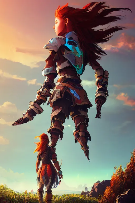 Image similar to combination suit armor aloy horizon forbidden west horizon zero dawn radiating a glowing aura global illumination ray tracing hdr fanart arstation by ian pesty and alena aenami artworks in 4 k tribal robot ninja mask helmet backpack