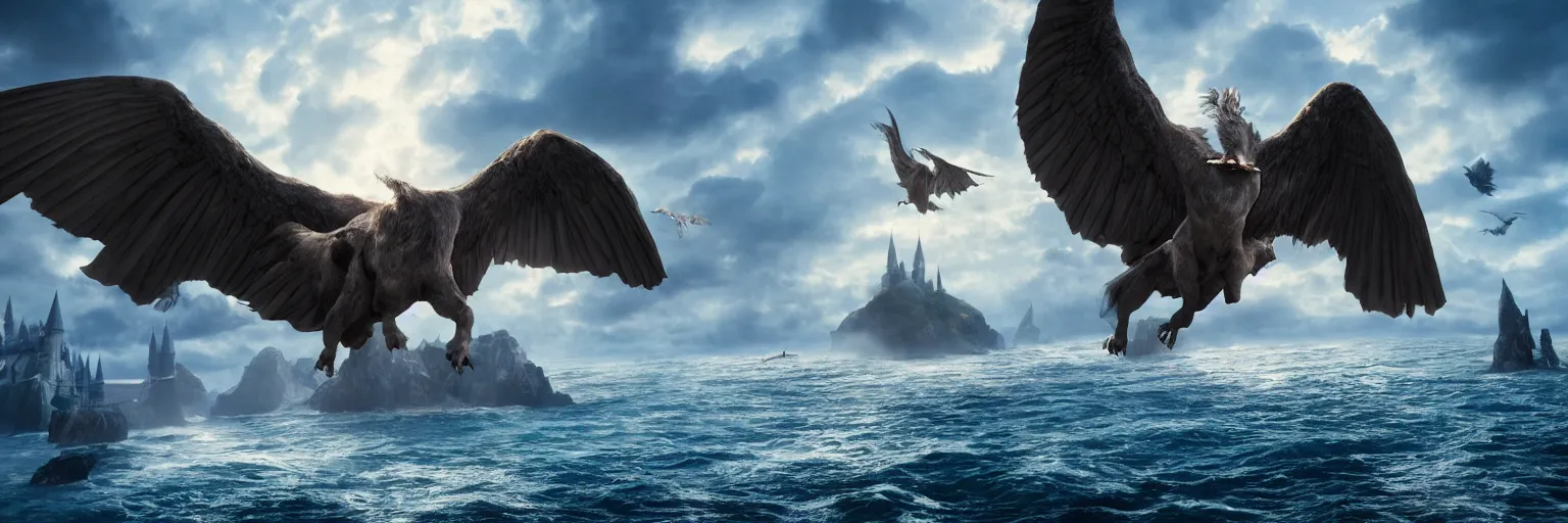 Image similar to hippogriff flying over a sea with hogwarts in the background, dramatic volumetric lighting, epic composition, high detail, 4K Ultra HD