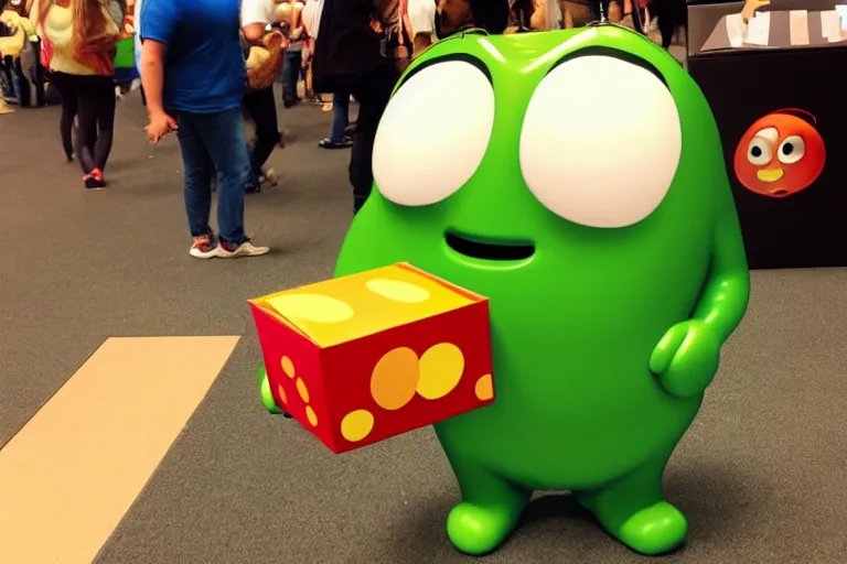 Image similar to an anthropomorphic jelly bean, moving a box, pixar