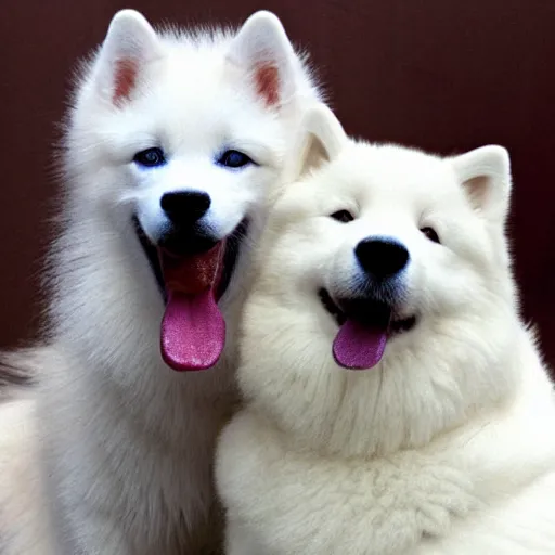 Image similar to A photo of a Samoyed dog with its tongue out hugging a white Siamese cat