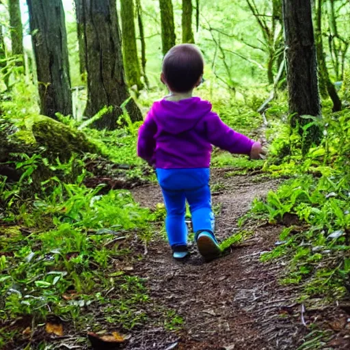 Prompt: toddler hiking in the woods