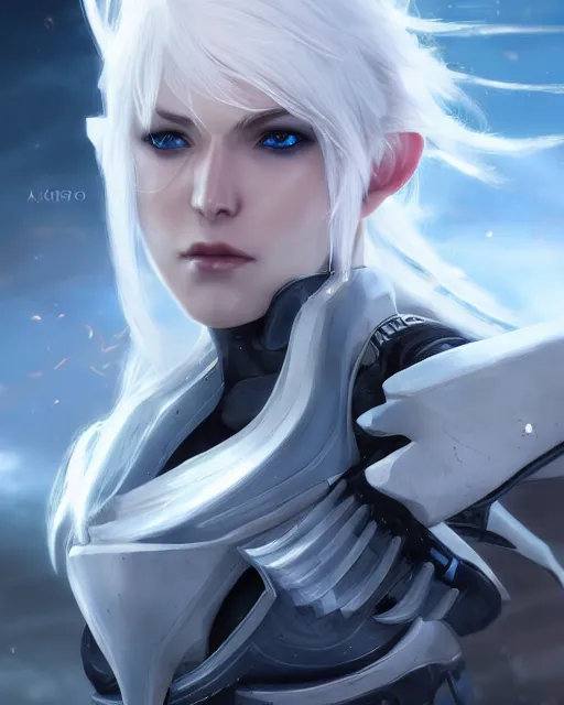 Image similar to perfect white haired girl, warframe armor, beautiful, pretty face, blue eyes, detailed, windy weather, scifi, platform, laboratory, experiment, 4 k, ultra realistic, epic lighting, high detail, masterpiece, by akihito tsukushi, charlie bowater, ross tran