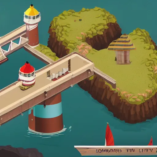 Image similar to side view of top down isometric video game, point and click style, on an island with a giant lighthouse, a drawbridge, and crew quarters with a cave underneath the island