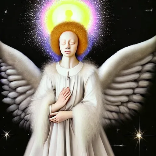 Image similar to big detailed face highdetailed hyperrealistic painting of white angel!!! no gender!!!, giant ball of miracle light from the chest!!!!!, white sparkles everywhere, 4 k hd fur face!!!, big wings, by jan van eyck, holography space, glow effect, large strokes, white monochrome color!!!!!