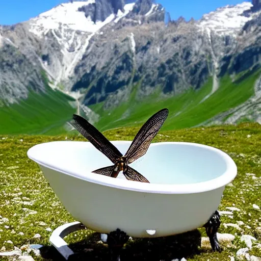 Image similar to dragonfly in a bathtub in the alps, goats!! in background