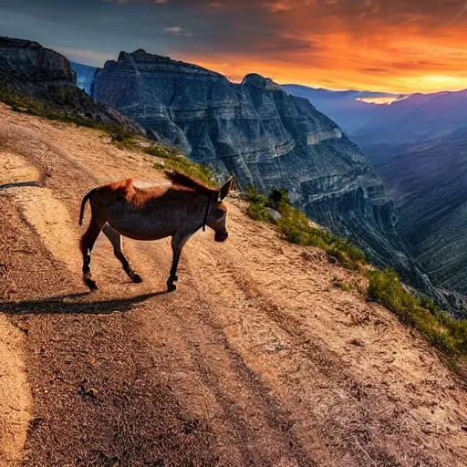 Prompt: an amazing portrait of a donkey on a slim rocky path at the edge of a cliff, rocky mountains in the background, sunset sky photography, award winning cinematic lighting, highly detailed