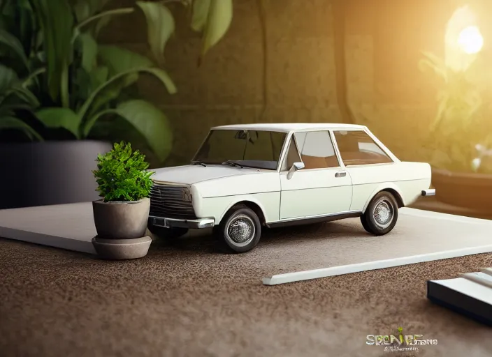 Image similar to a small miniature of a Ford Cortina 1980 on a white table near a book and a vase with a plant, 3d render, octane render, unreal engine 5, path tracing, serene landscape, calm, relaxing, beautiful landscape, highly detailed, high quality, 4k, symmetrical, low contrast