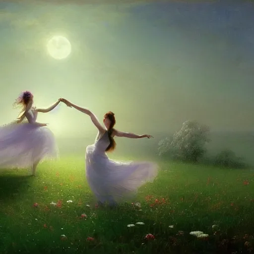 Image similar to the moonlit dance of the fae, dancers in white dancing across a flower meadow the moonlit dance by elena vizerskaya and ivan aivazovsky, perfectly detailed, artstation, sharp focus, highly detailed, studio photography