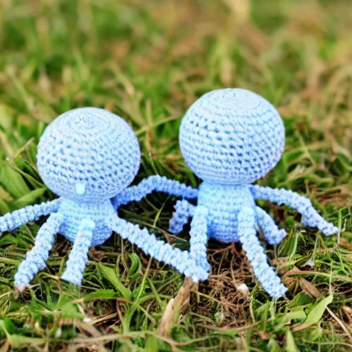 Prompt: two cute tiny fluffy light blue and light pink color spiders with short arms and big black button eyes crochet dolls standing on grass, hyperrealistic photograph, highly detailed, tactile, close up, macro