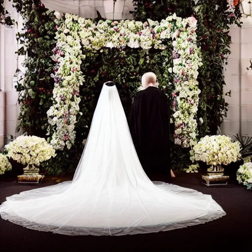 Image similar to A wide full shot, colored black and white Russian and Japanese mix historical fantasy a photograph portrait taken of inside a royal wedding floral covered venue inspired by a enchanted ethereal forest, 1907 photo from the official wedding photographer for the royal wedding.