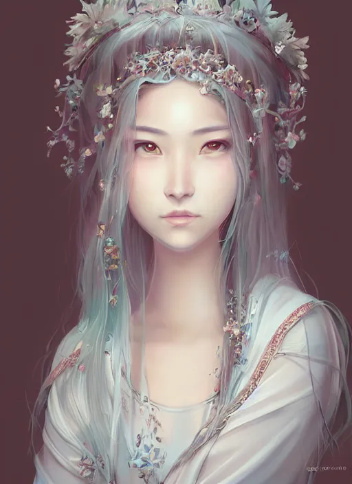 Prompt: “ beautiful adorable oriental princess, youthful attractive, white clothes, grace, flowing hair, muted colors, symmetrical face portrait, artstation, cgsociety, character concept art, highly detailed ”