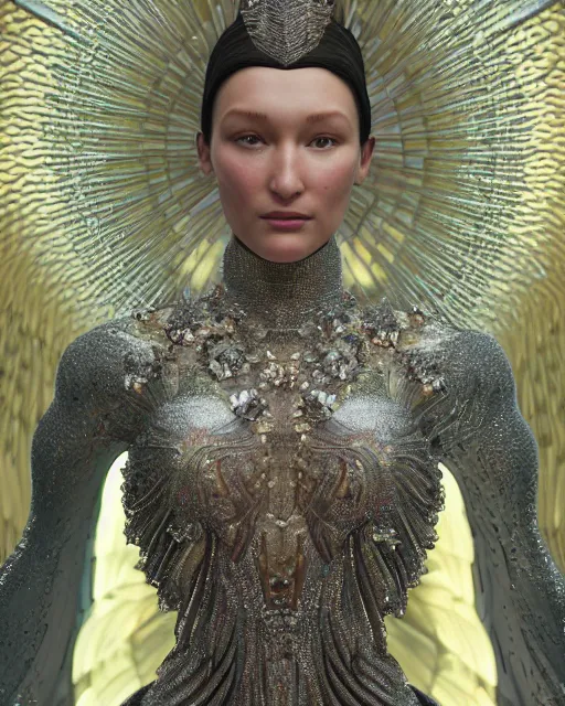 Prompt: a highly detailed metahuman 4 k close up render of a bella hadid archangel monument renaissance in iris van herpen dress schiaparelli in diamonds crystals swarovski and jewelry iridescent in style of alphonse mucha gustav klimt trending on artstation made in unreal engine 4